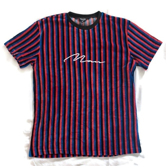 Boohoo Man NWT Blue Black Red Striped Shirt Med - Picture 1 of 7